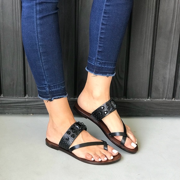 NIB Diamond Gem Leather Toe Ring Slide Sandal - Picture 8 of 8